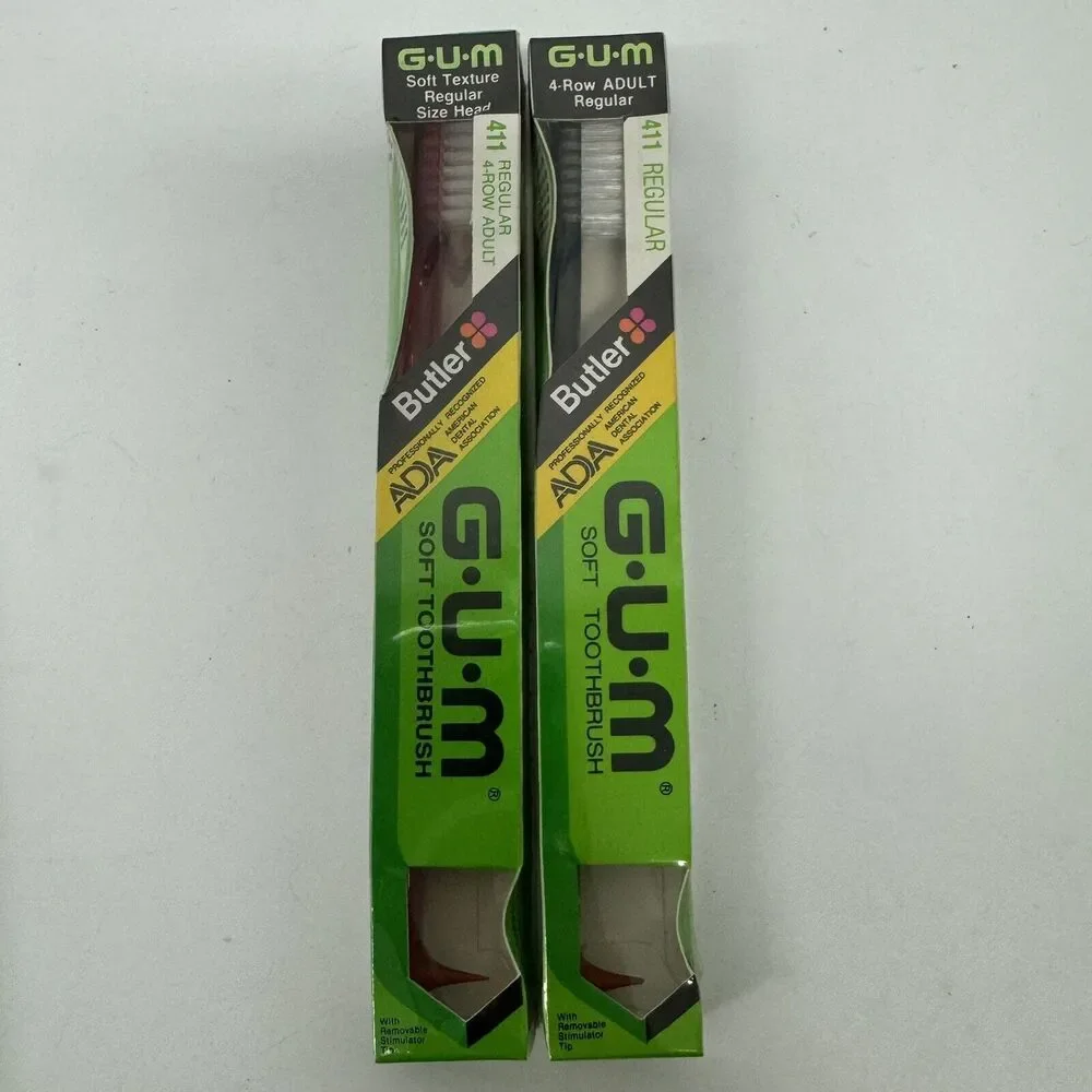 2 Vintage Butler GUM Toothbrush‎ 411 Regular Size 4-Row  w/ Pick End